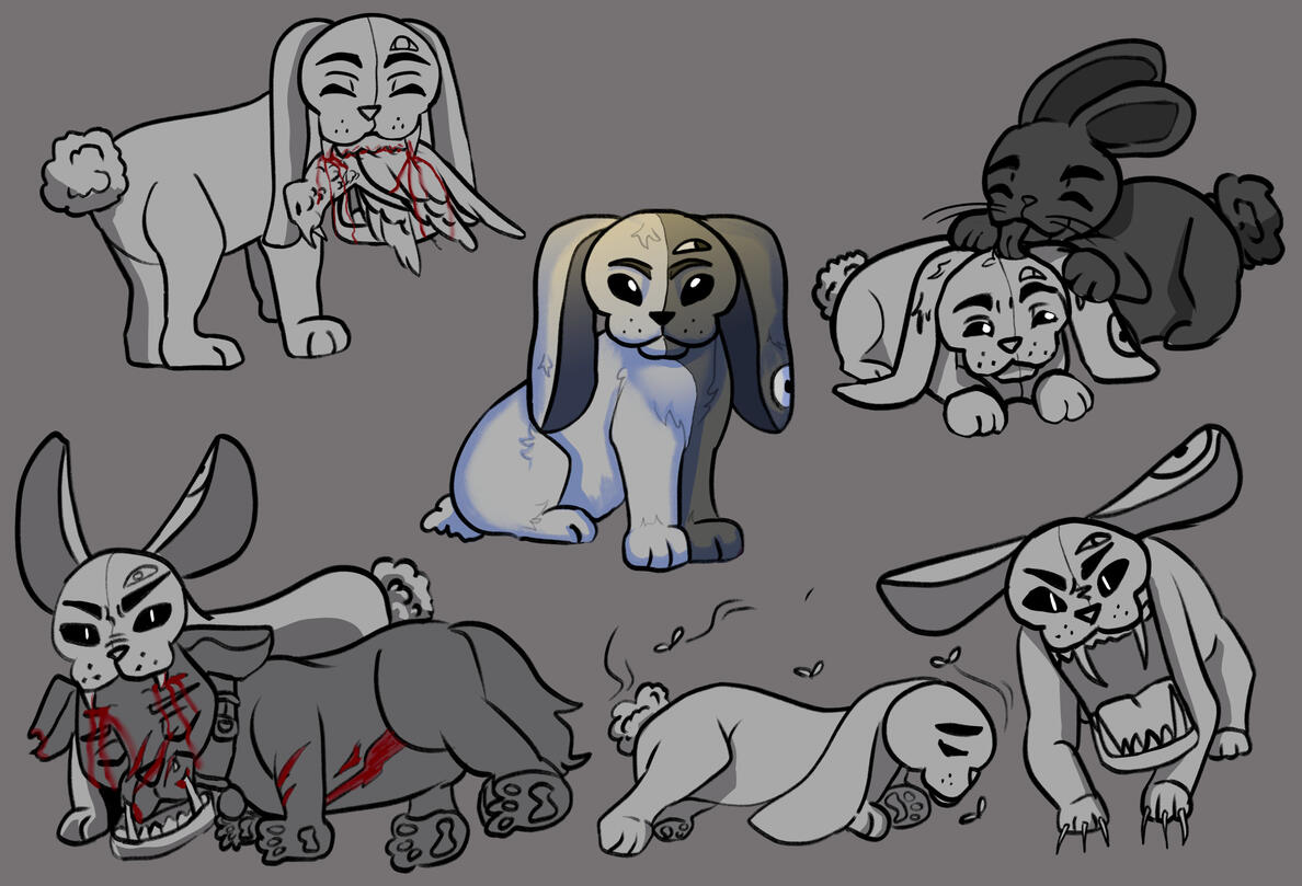 Mirabbit: A creature that is carnivorous and mimics rabbits. It has a symbiotic relationship with rabbits. Where it protects Rabbits and inreturn rabbits provide them care and love.